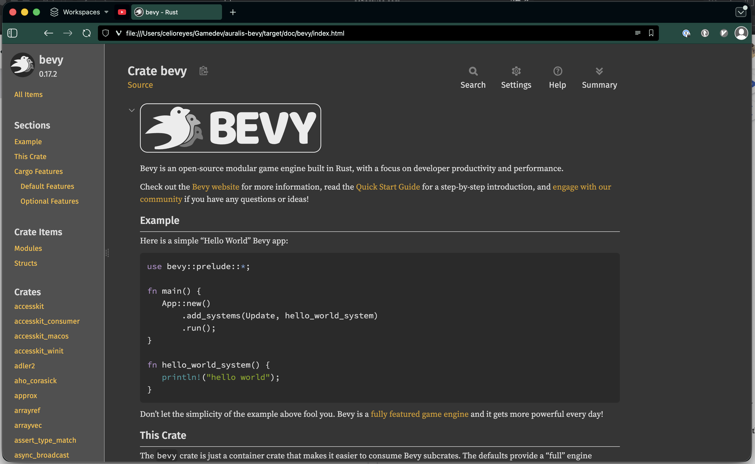 browser with bevy docs displayed